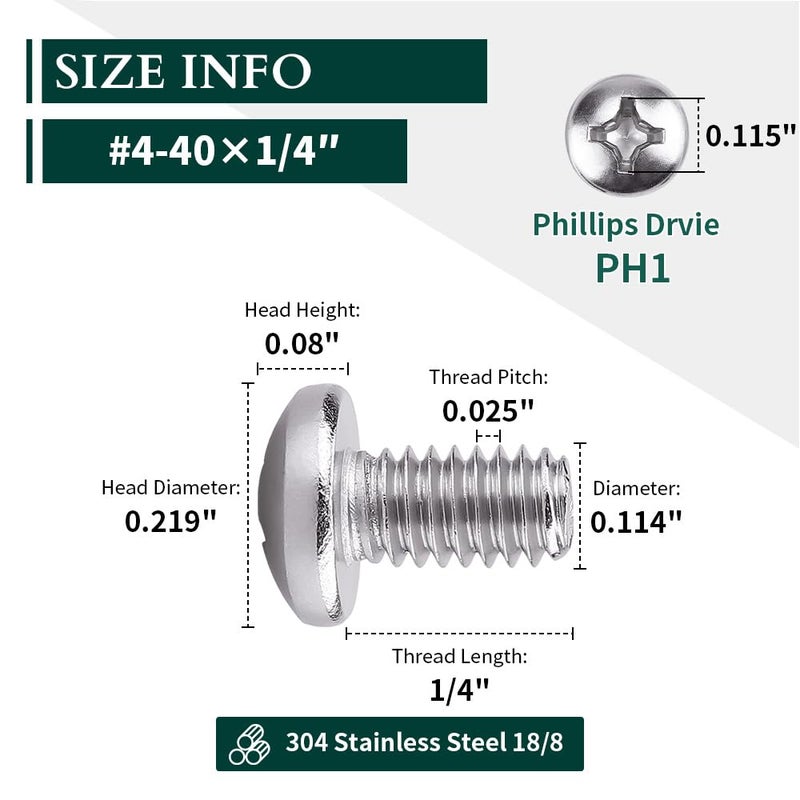 EASTLO #4-40 x 1/4" Pan Head Machine Screw, Phillips Drive, 304 Stainless Steel 18-8, Bright Finish, Fully Machine Thread, 100 Pcs - Image 3